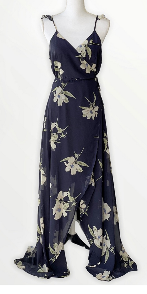 Lulu's All Mine store Navy Blue Floral Print High Low Wrap Dress