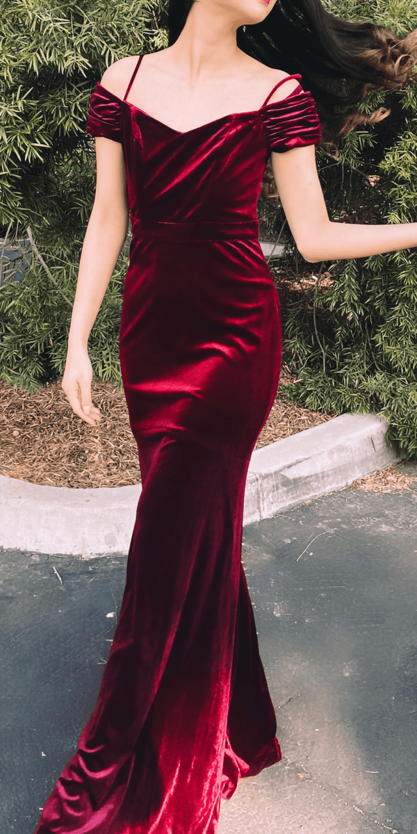 Velvet Off The Shoulder A Line Evening Gown