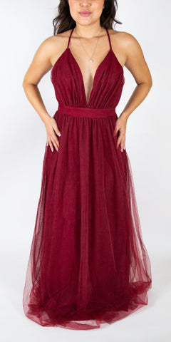 Long Chiffon Deep V-Neck Gown - Simply Borrowed Dresses