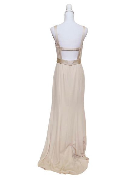 Long V Neck Crepe Gown with Open Back - Simply Borrowed Dresses