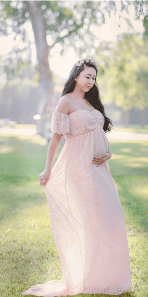 Maternity Off the Shoulder Ruffled Lace Sleeve Gown - Simply Borrowed Dresses