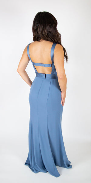 Long V Neck Crepe Gown Open Back - Simply Borrowed Dresses