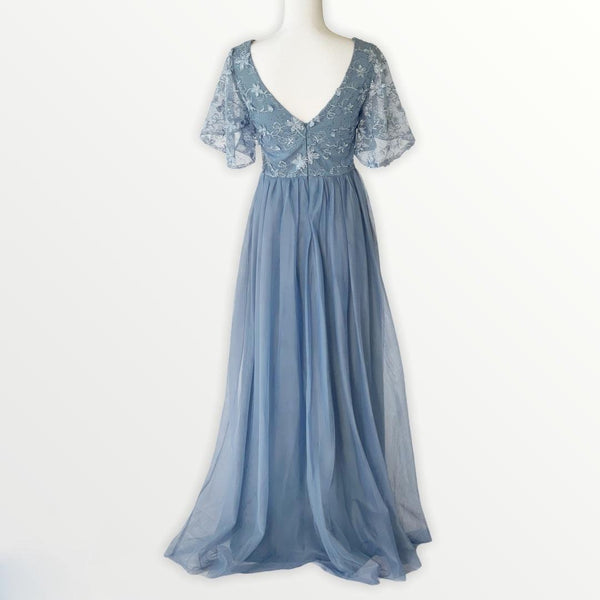 Chiffon V-Neck Embroidered Tulle Gown - Simply Borrowed Dresses