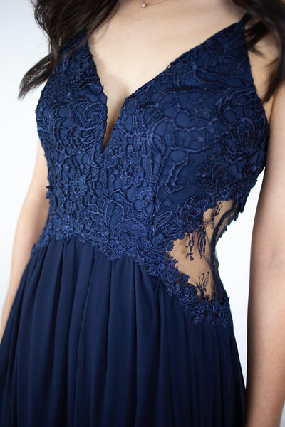 Long Chiffon Dress w/ V-Neck Lace Bodice - Simply Borrowed Dresses