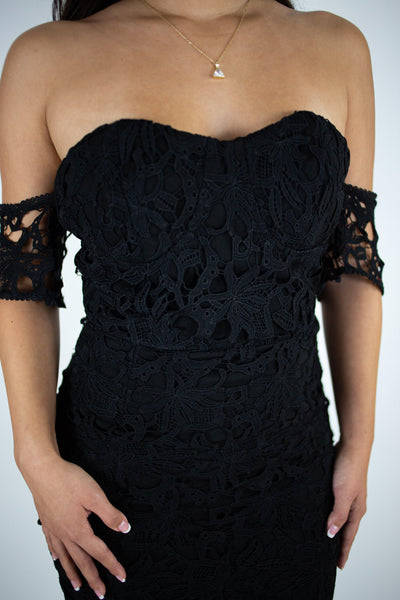 Scalloped Lace Overlay Off The Shoulder Dress - Simply Borrowed Dresses